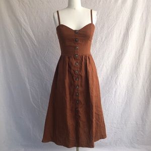 Reformation Brown Linen Button Up Thin Strap Dress